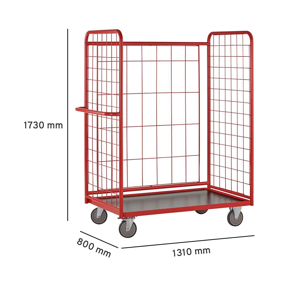 Red cart with mesh walls, black base, and dimensions: 1730 x 1310 x 800 mm.