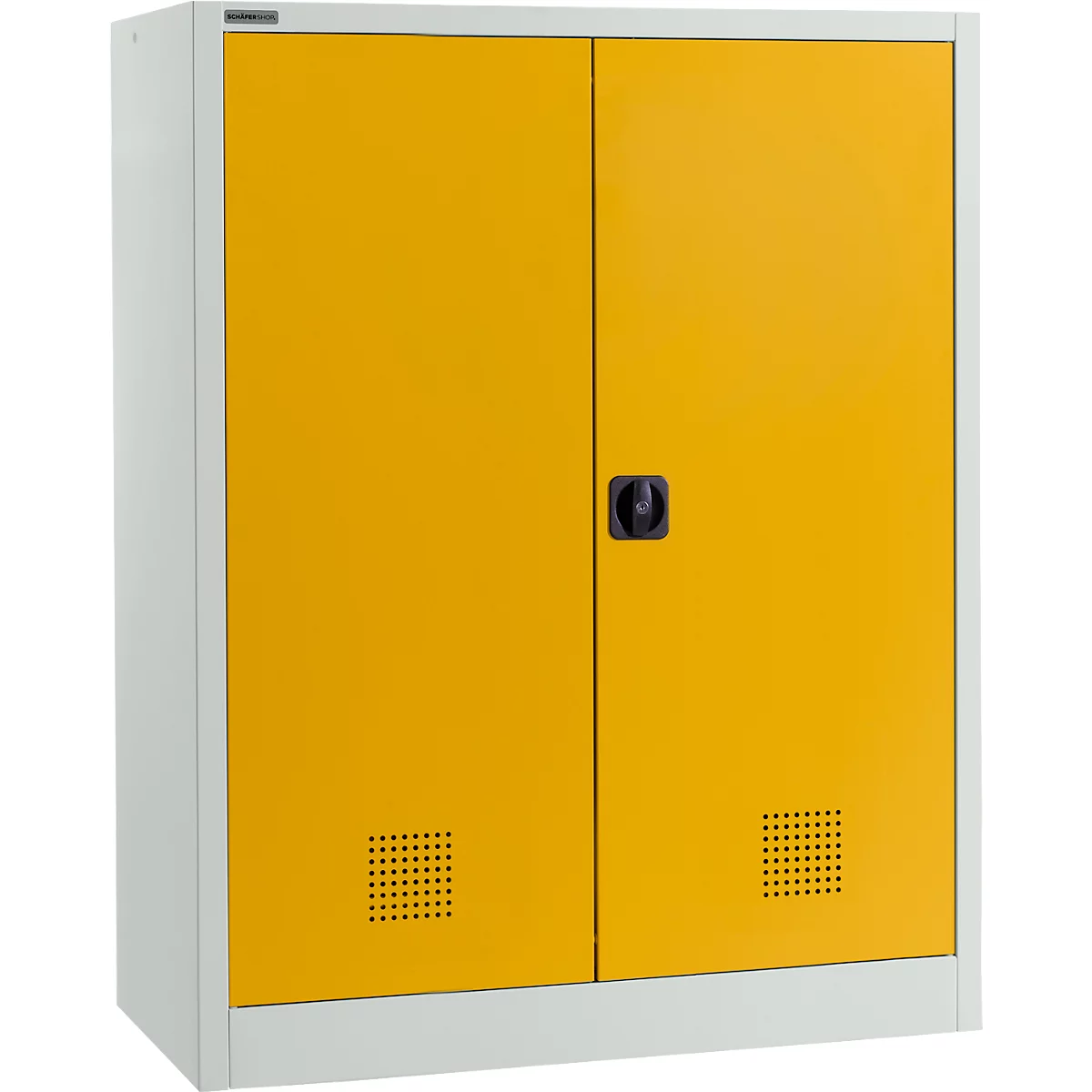 Gelber Schrank mit zwei Türen, schwarzem Griff und Lüftungslöchern.