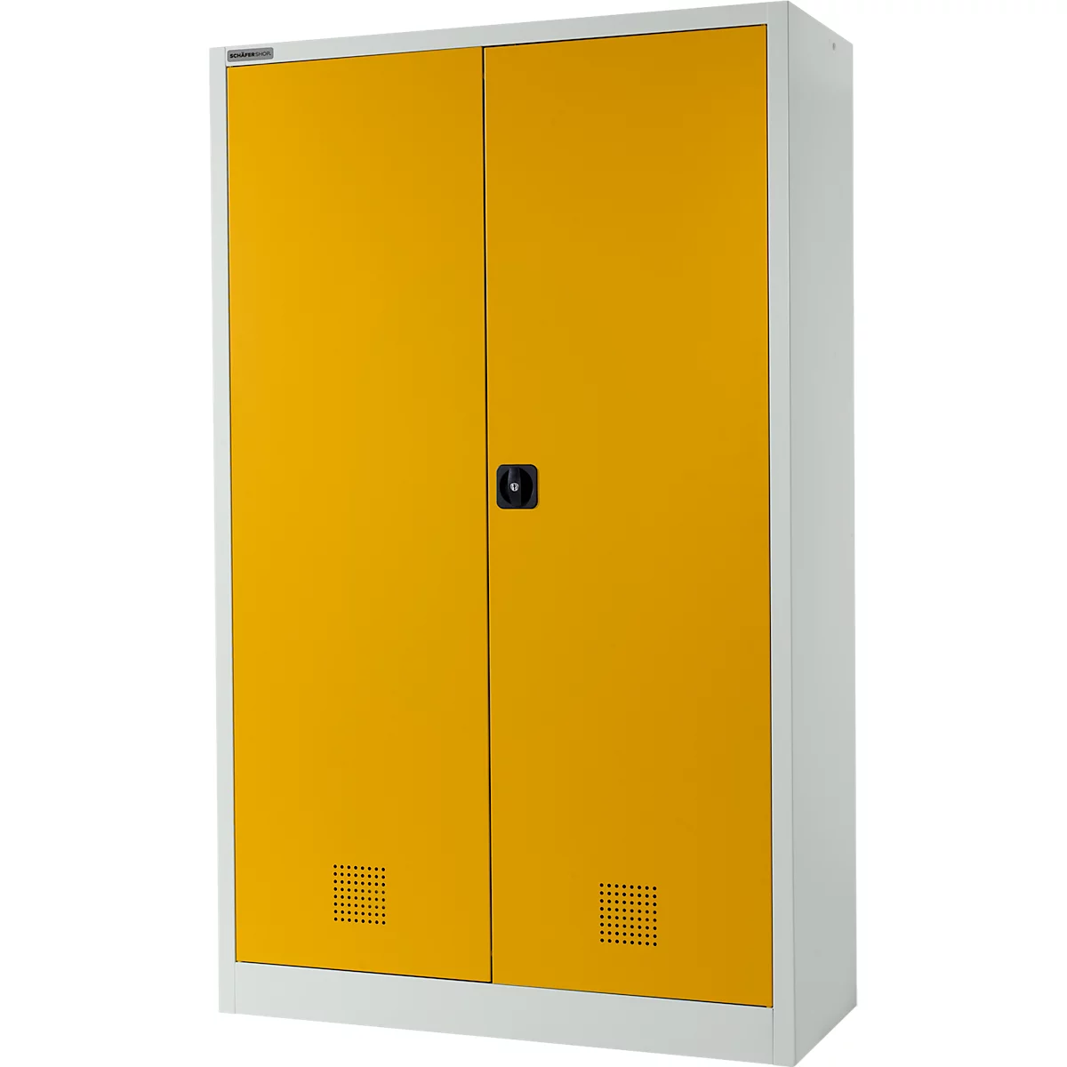 Gelb-weißer Schrank mit zwei Türen und schwarzem Griff.