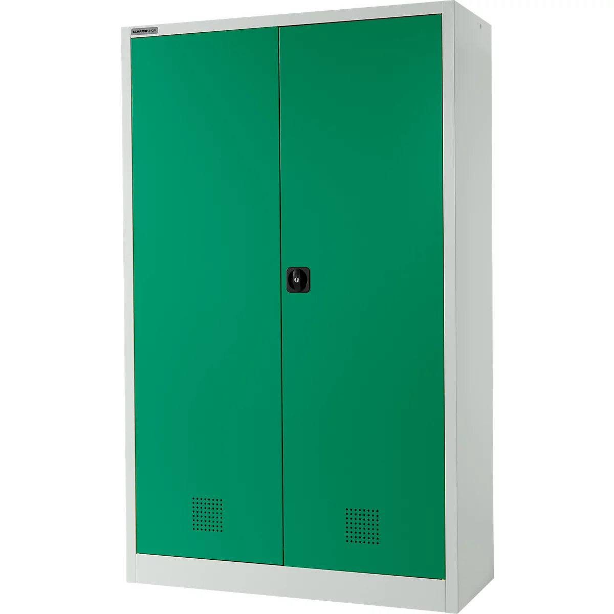 Ein grüner Stahlschrank mit zwei Türen und einem schwarzen Griff. Die Seiten und der Rahmen sind weiß.