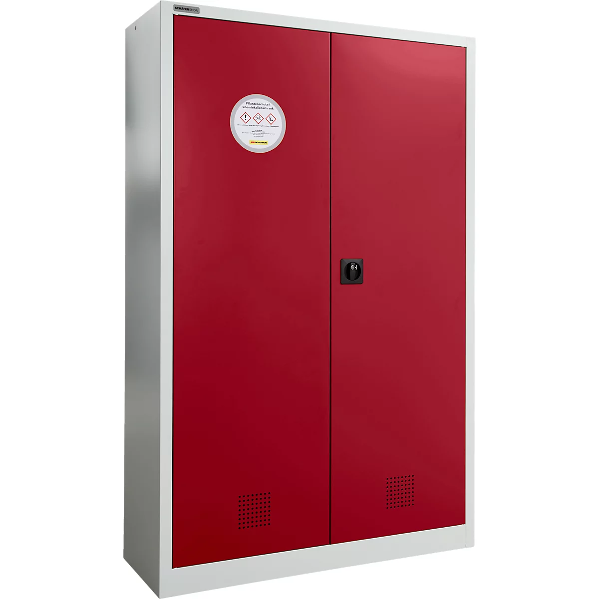 Roter Schrank mit weißen Rahmen, runde gelbe Aufkleber mit Gefahrensymbolen. Schwarzer Knauf.