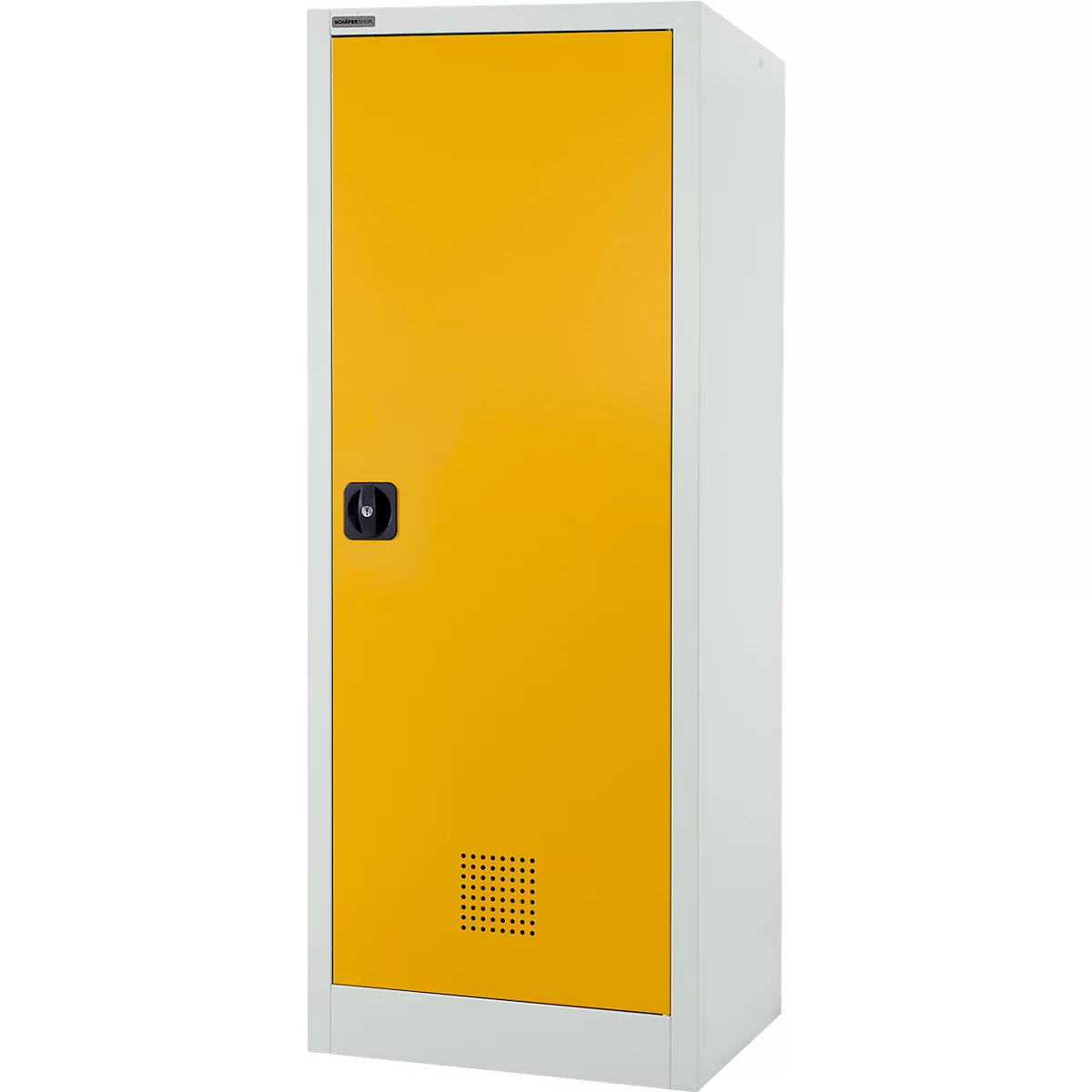 Ein gelber Schrank mit weißem Rahmen, Tür mit schwarzem Griff und Lüftungsschlitzen.