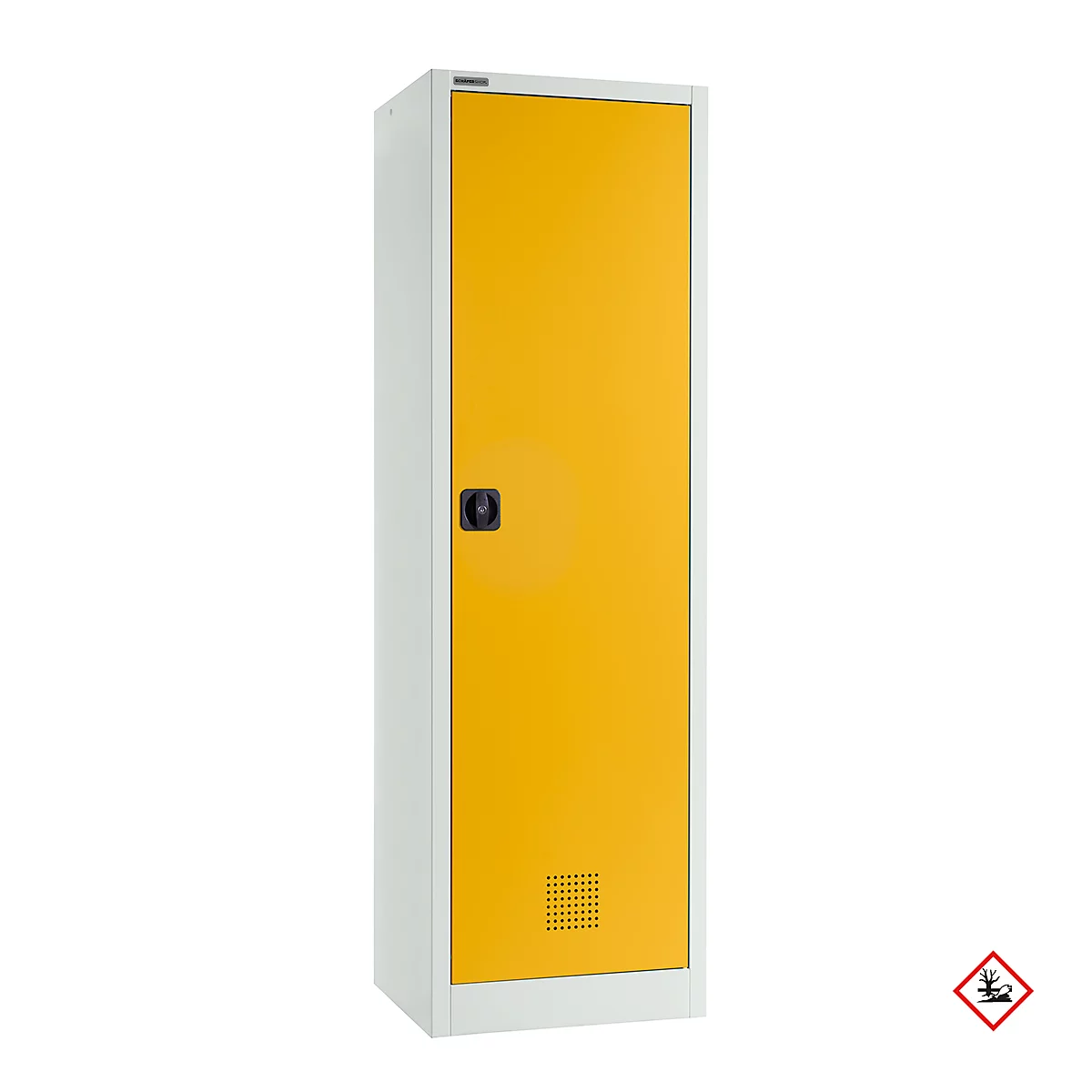 Ein gelb-weißer Stahlschrank. Der Schrank hat eine gelbe Tür mit einem schwarzen Griff und einem Lüftungsschlitz.