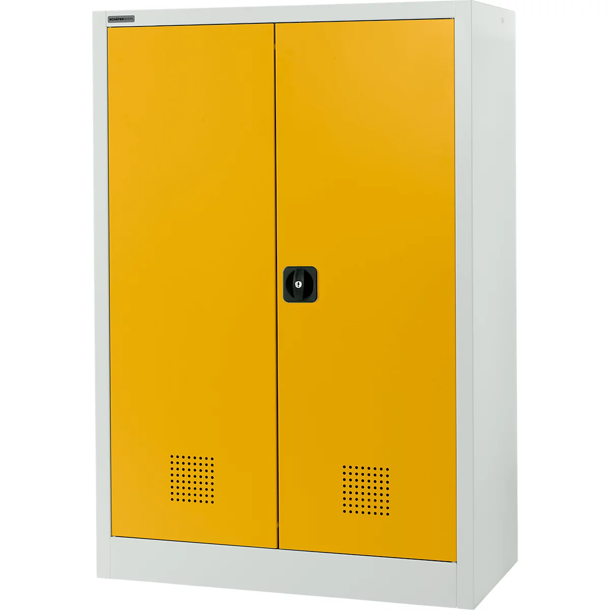 Gelber, zweitüriger Schrank mit schwarzem Griff. Unterhalb der Türen sind rechteckige Lüftungsschlitze angebracht. Der Rahmen ist weiß.