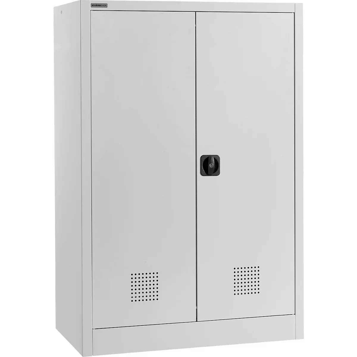 Grauer Stahlschrank mit zwei Türen, schwarzem Griff und Lüftungsschlitzen.
