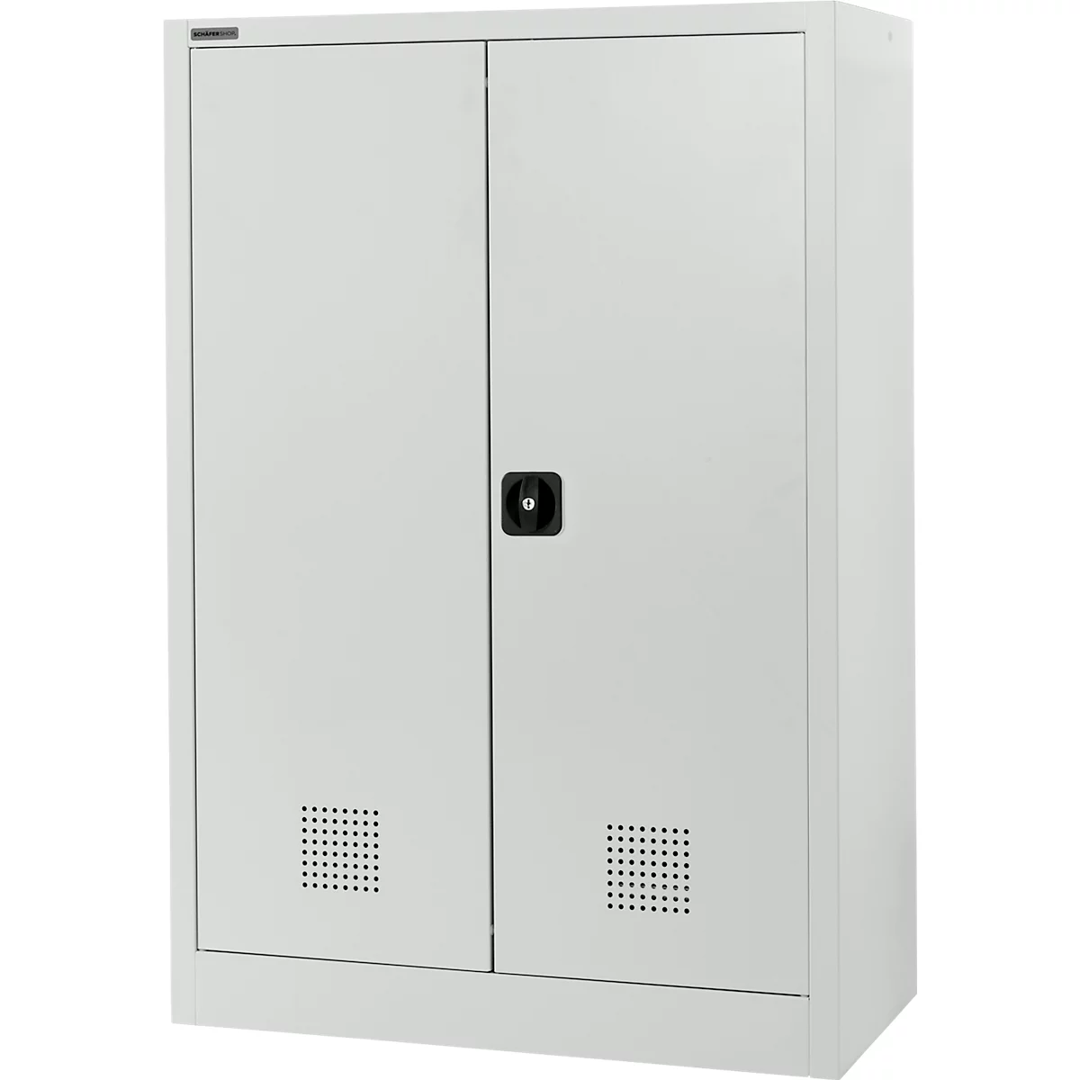 Grauer Stahlschrank mit zwei Türen, schwarzem Griff und Lüftungsschlitzen.
