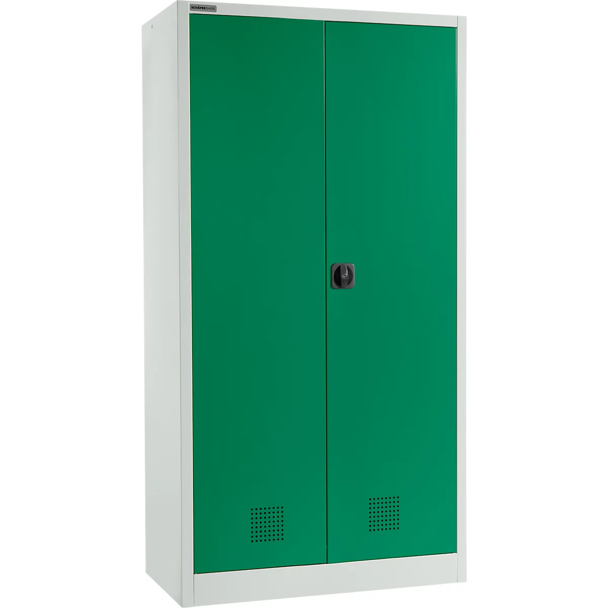 Ein grüner Schrank mit zwei Türen und einem schwarzen Griff. Unterhalb der Türen befinden sich Lüftungsschlitze.