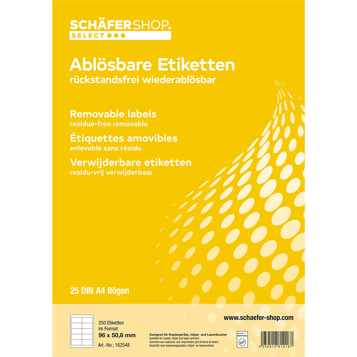 Yellow label pack with texts: Removable labels, residue-free removable. Multi-language product descriptions.