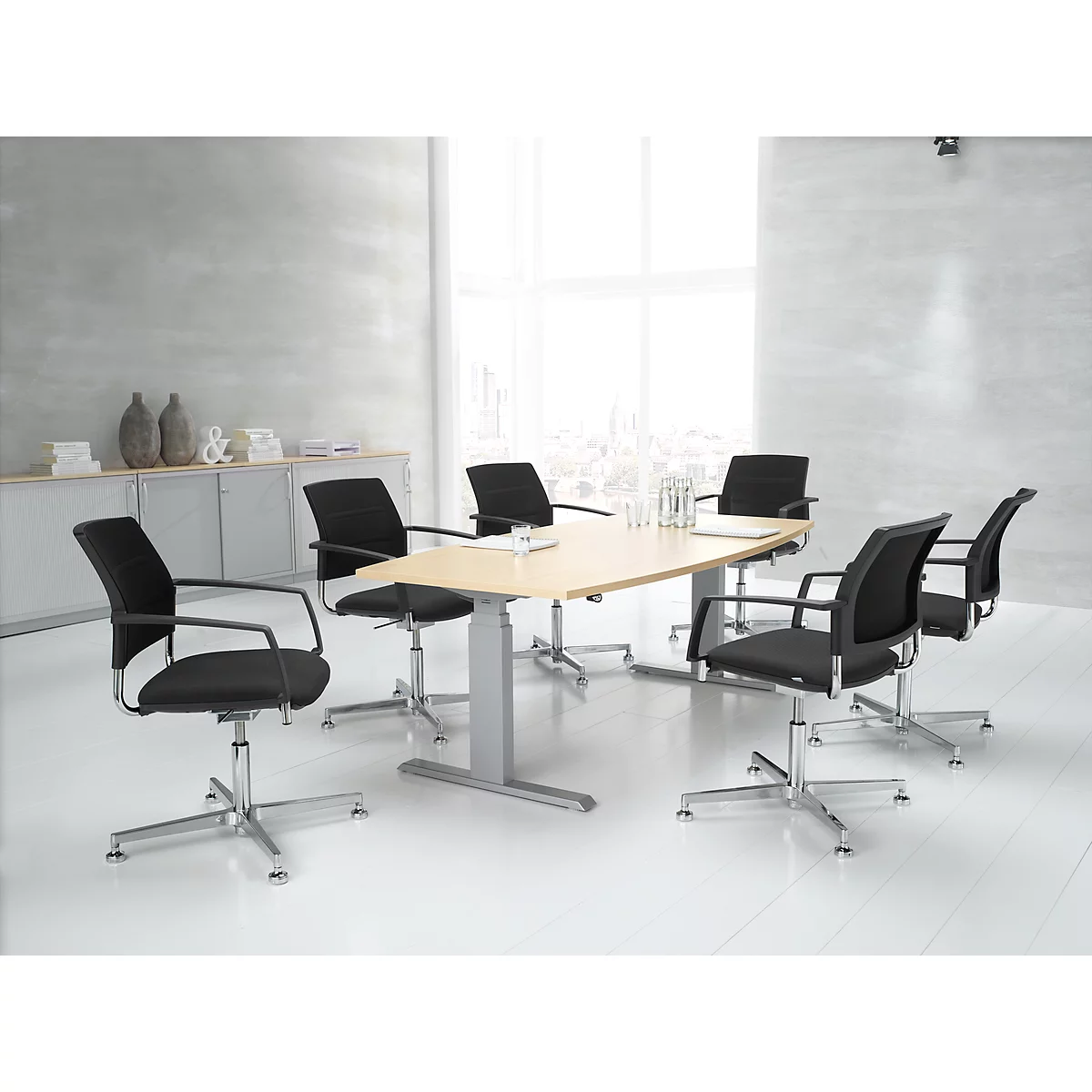 Schäfer Shop Select Vergadertafel ERGO-T, T-poot, bootvorm, tweetraps elektr. in hoogte verstelbaar, B 2000 x H 645-1305 mm, esdoorn 