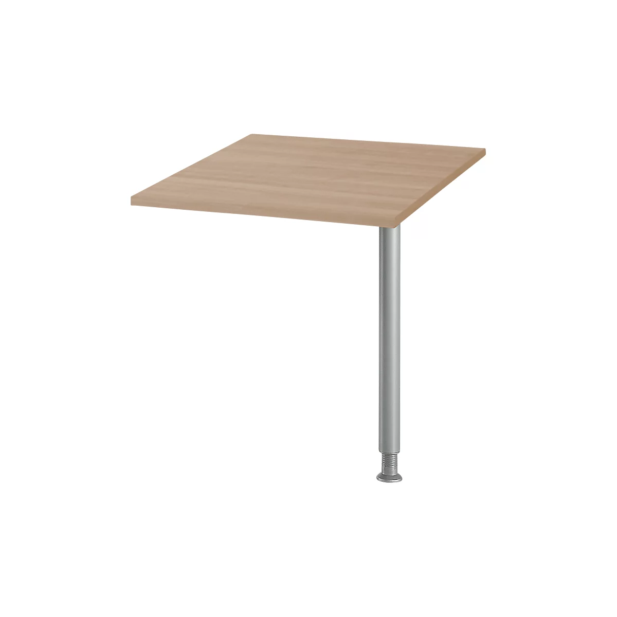 Quadratischer Tisch mit heller Holzplatte und silberfarbenem Bein. Schraubenfuss.