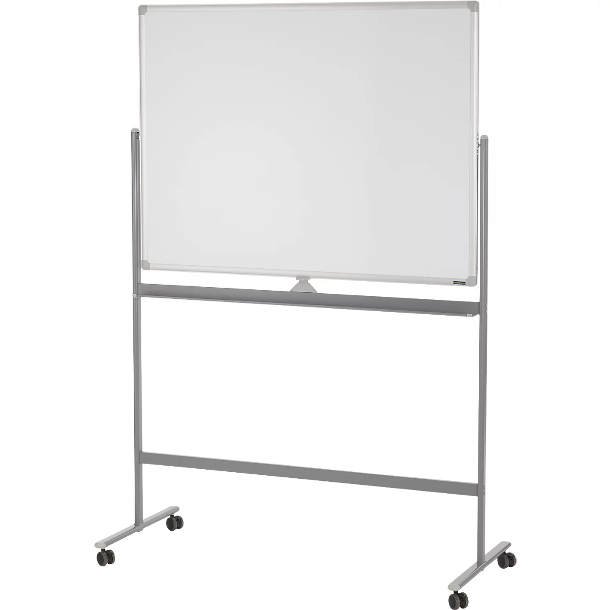 Wit, mobiel whiteboard met grijs frame en wielen.