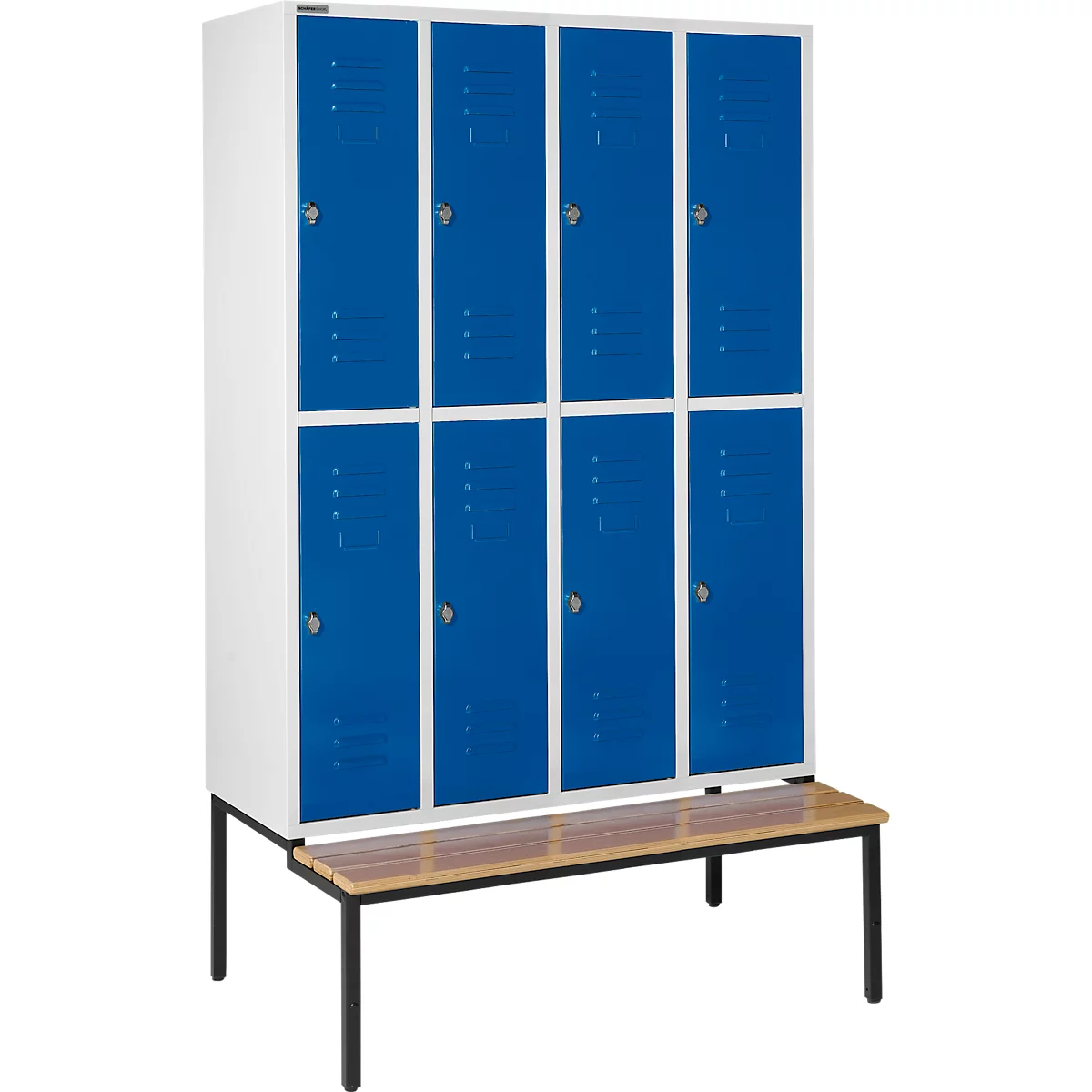 Schäfer Shop Select Vestiaire, 4 x 2 compartiments, avec banc, 300 mm, serrure à came batteuse, porte bleu gentiane