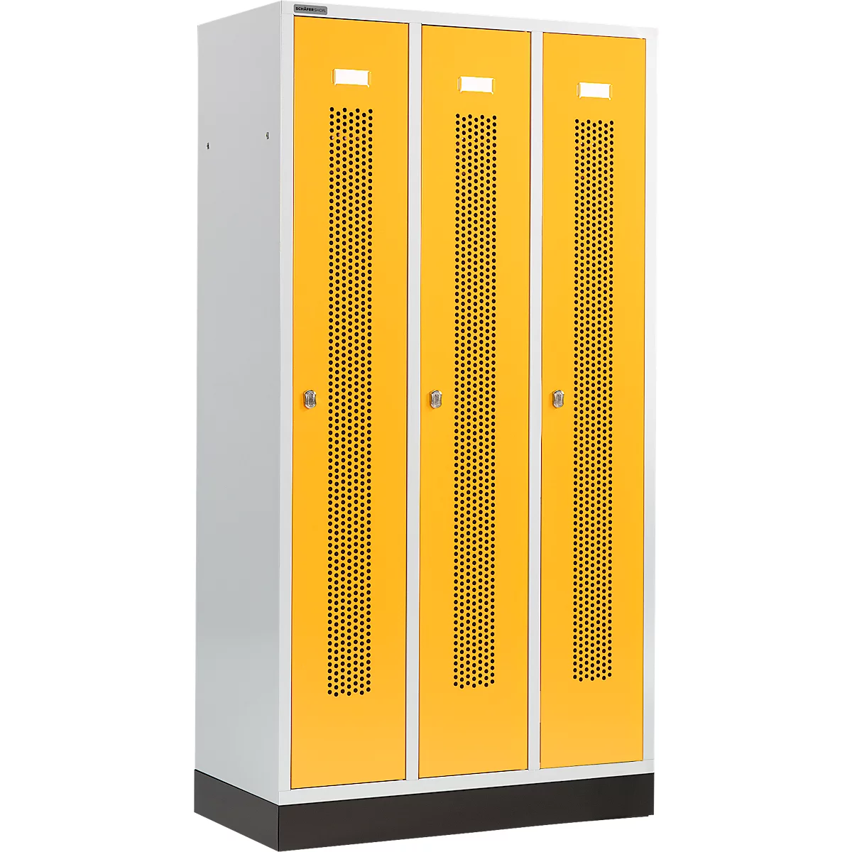 Schäfer Shop Select Vestiaire, à bandes perforées, 3 compartiments, 300 mm, sur socle, serrure à came batteuse, porte jaune colza
