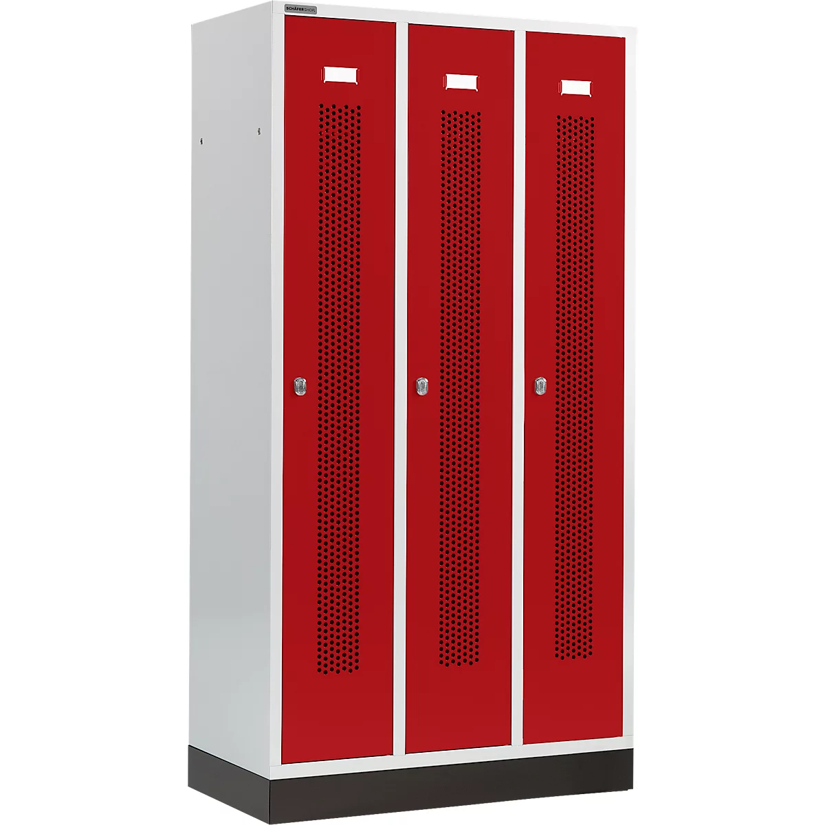 Schäfer Shop Select Vestiaire, à bandes perforées, 3 compartiments, 300 mm, sur socle, serrure à came batteuse, porte rouge rubis