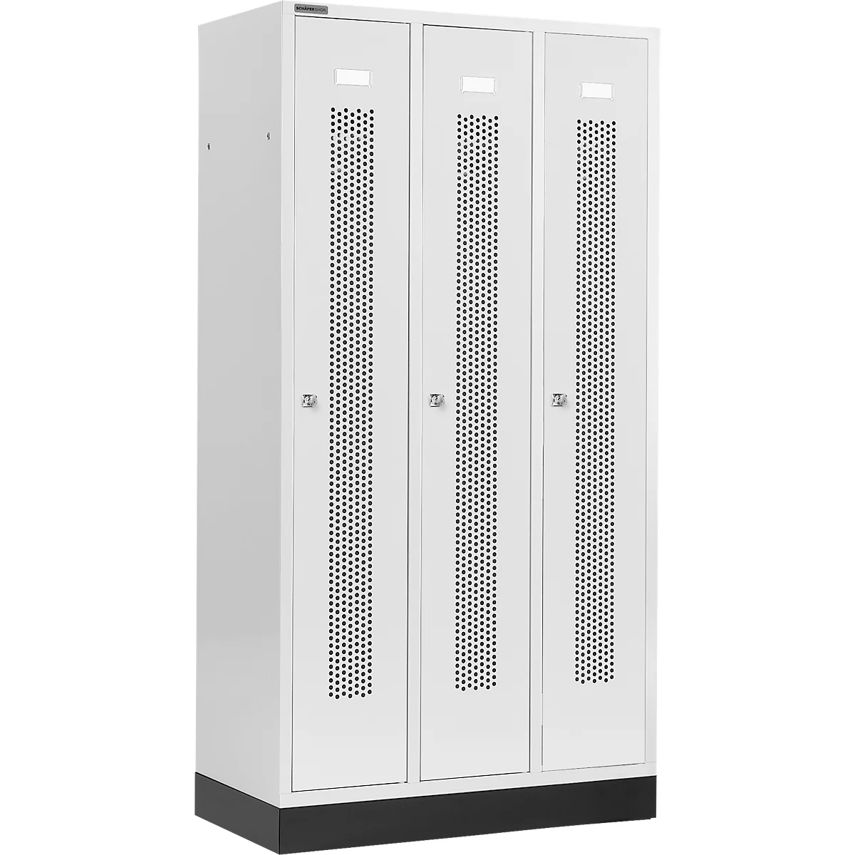 Schäfer Shop Select Vestiaire, à bandes perforées, 3 compartiments, 300 mm, sur socle, serrure à cylindre, porte gris clair