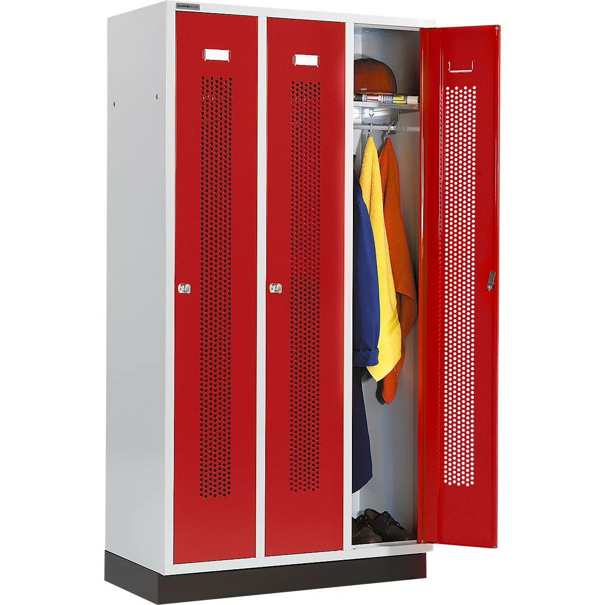 Schäfer Shop Select Vestiaire, à bandes perforées, 3 compartiments, 300 mm, sur socle, serrure à cylindre, porte rouge rubis