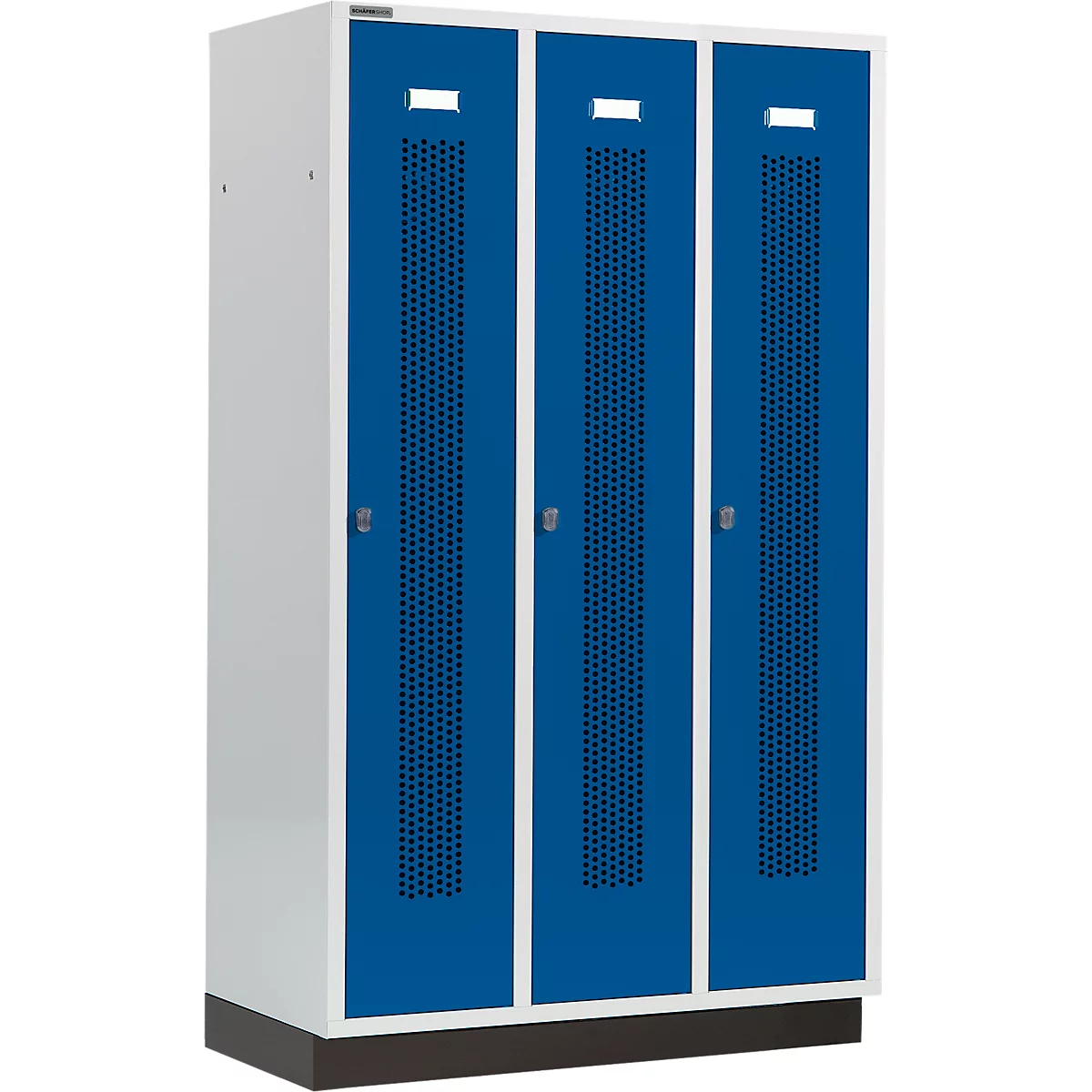Schäfer Shop Select Vestiaire à bandes perforées, 3 compartiments, 400 mm, sur socle, serrure à came batteuse, porte bleu gentiane