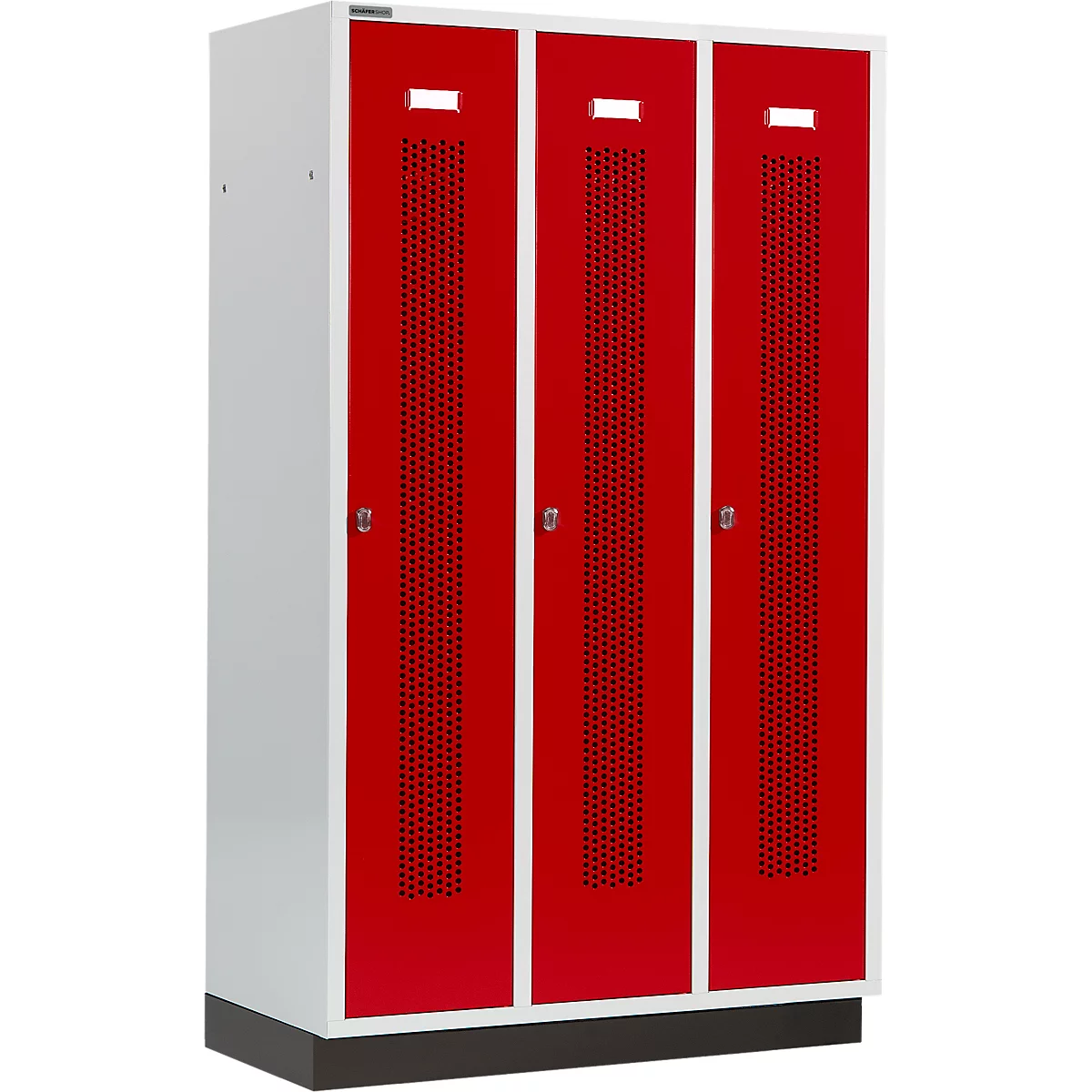 Schäfer Shop Select Vestiaire à bandes perforées, 3 compartiments, 400 mm, sur socle, serrure à came batteuse, porte rouge rubis
