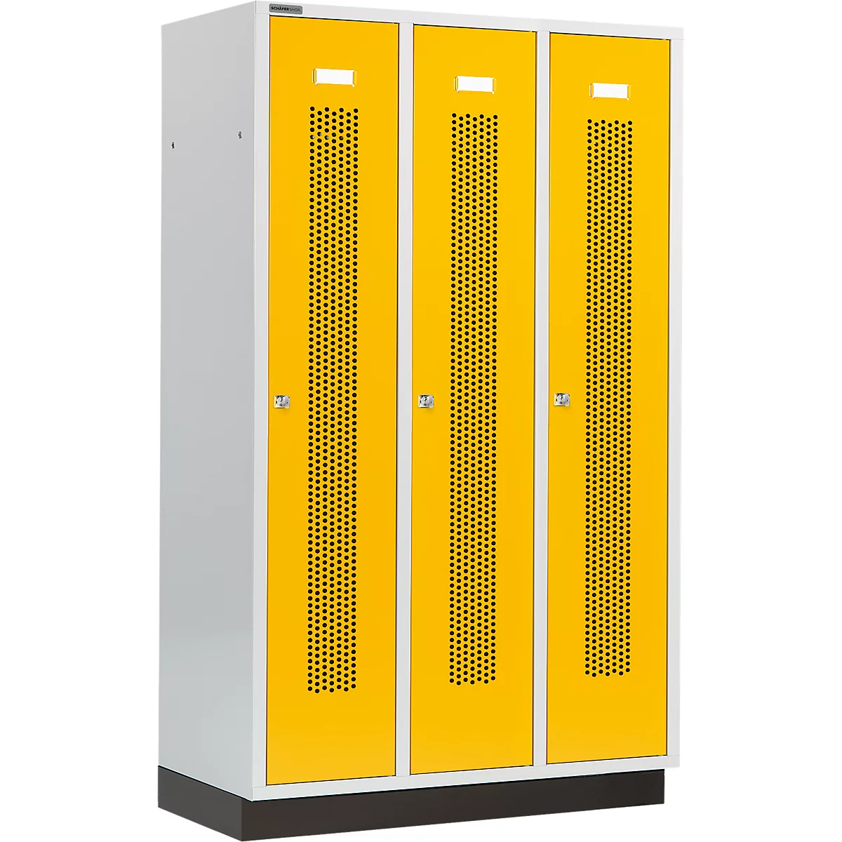Schäfer Shop Select Vestiaire à bandes perforées, 3 compartiments, 400 mm, sur socle, serrure à cylindre, porte jaune colza