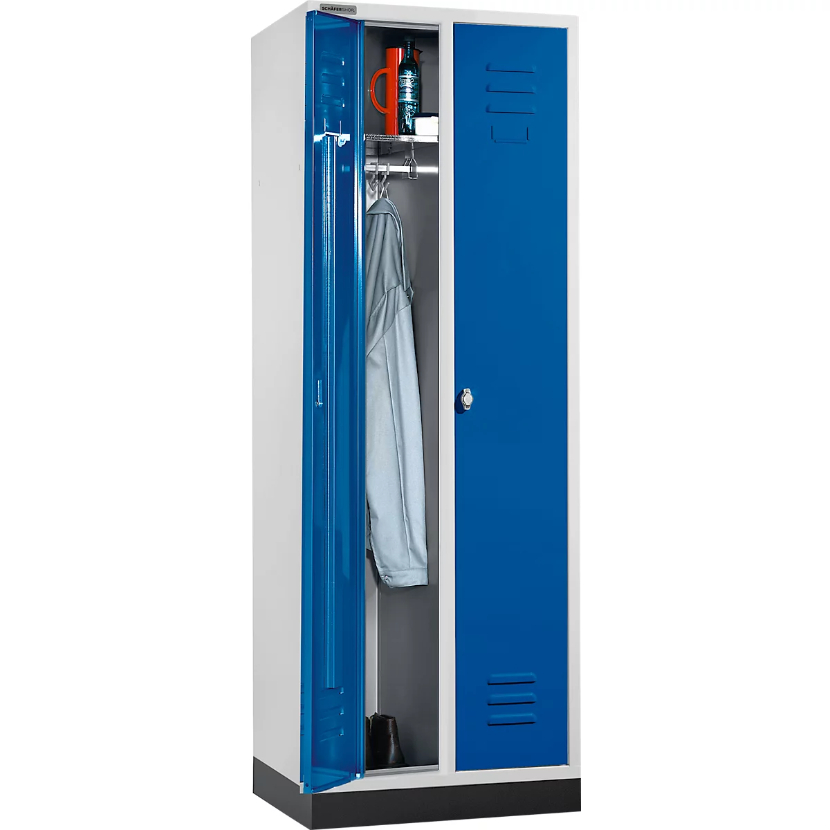 Schäfer Shop Select Vestiaire, avec 2 compartiments, sur socle, serrure à came batteuse, gris clair/bleu gentiane