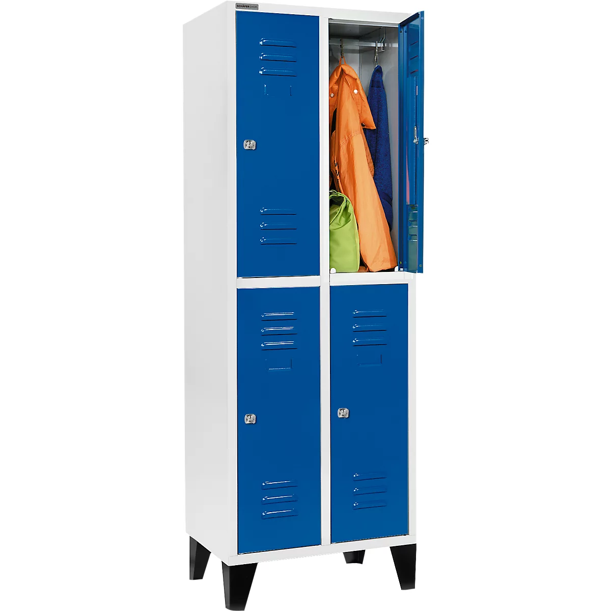 Schäfer Shop Select Vestiaire, avec 2 x 2 compartiments, 300 mm, sur pieds, serrure à cylindre, porte bleu gentiane