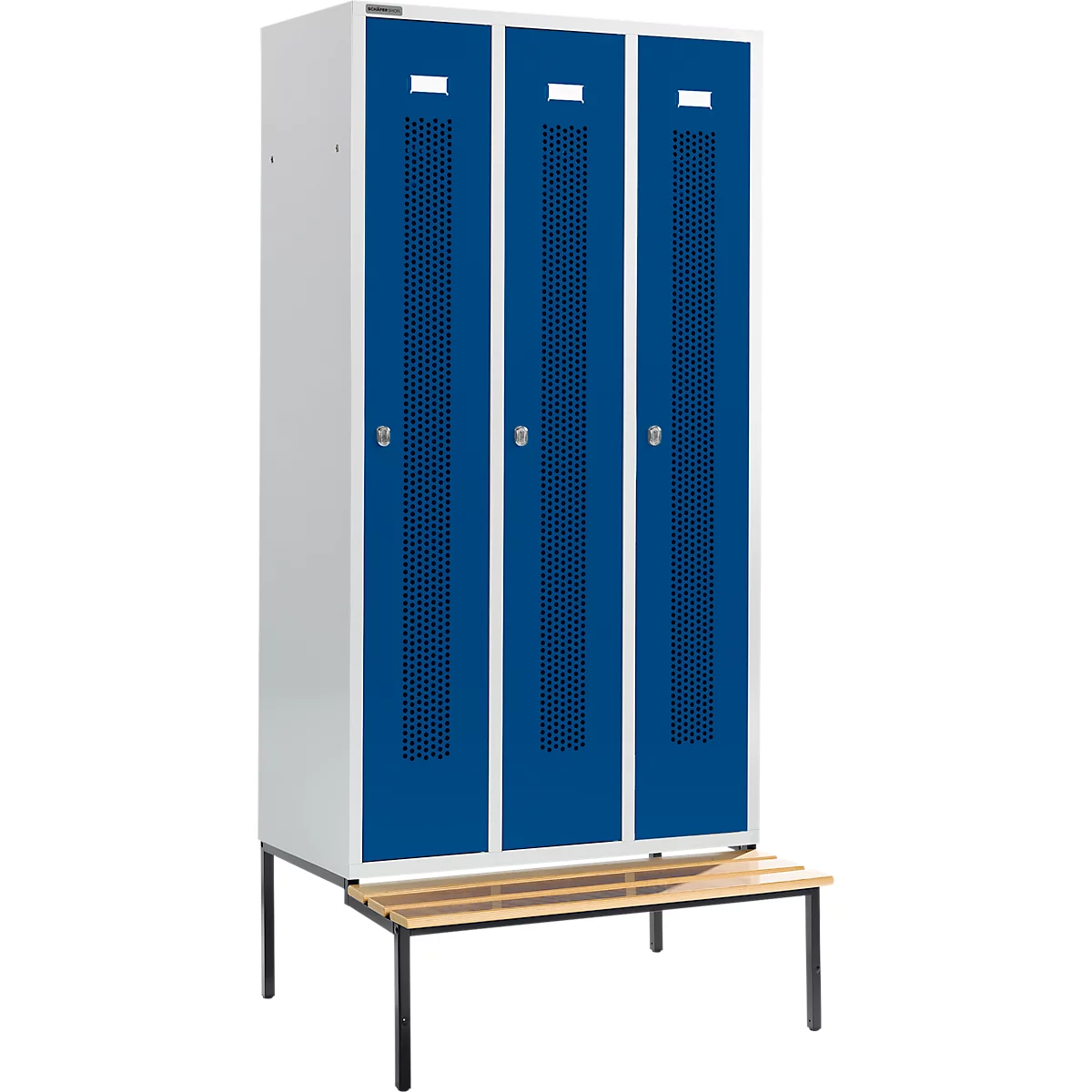 Schäfer Shop Select Vestiaire, avec banc, 3 compartiments, 300 mm, serrure à came batteuse, porte bleu gentiane