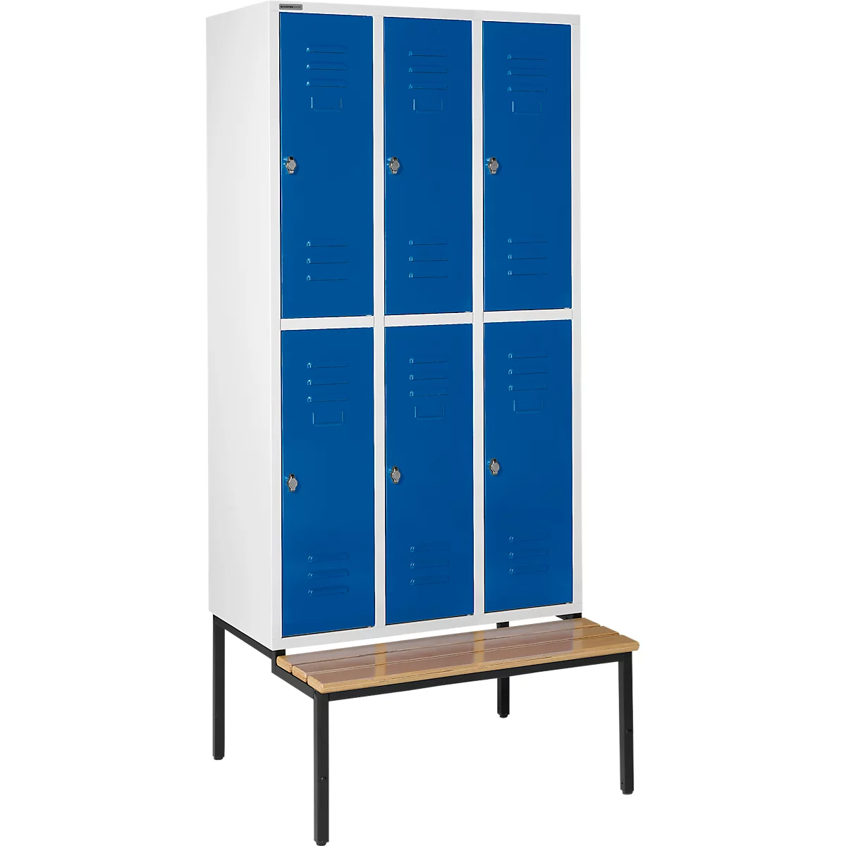 Schäfer Shop Select Vestiaire, avec banc, 3 x 2 compartiments, 300 mm, serrure à came batteuse, porte bleu gentiane