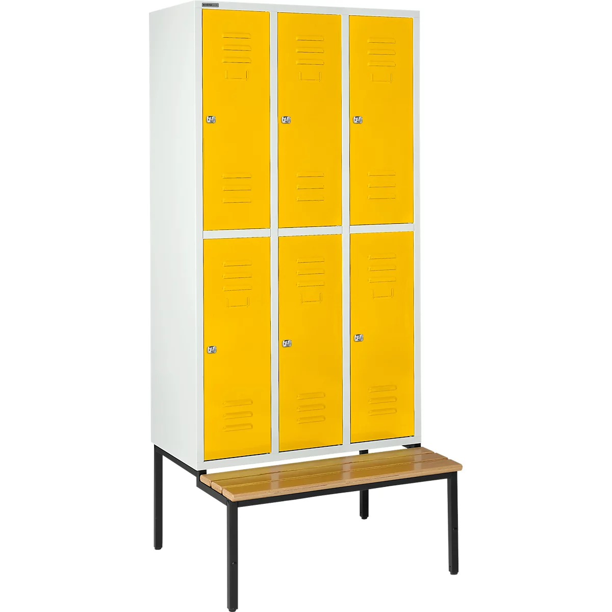 Schäfer Shop Select Vestiaire, avec banc, 3 x 2 compartiments, 300 mm, serrure à cylindre. Porte jaune