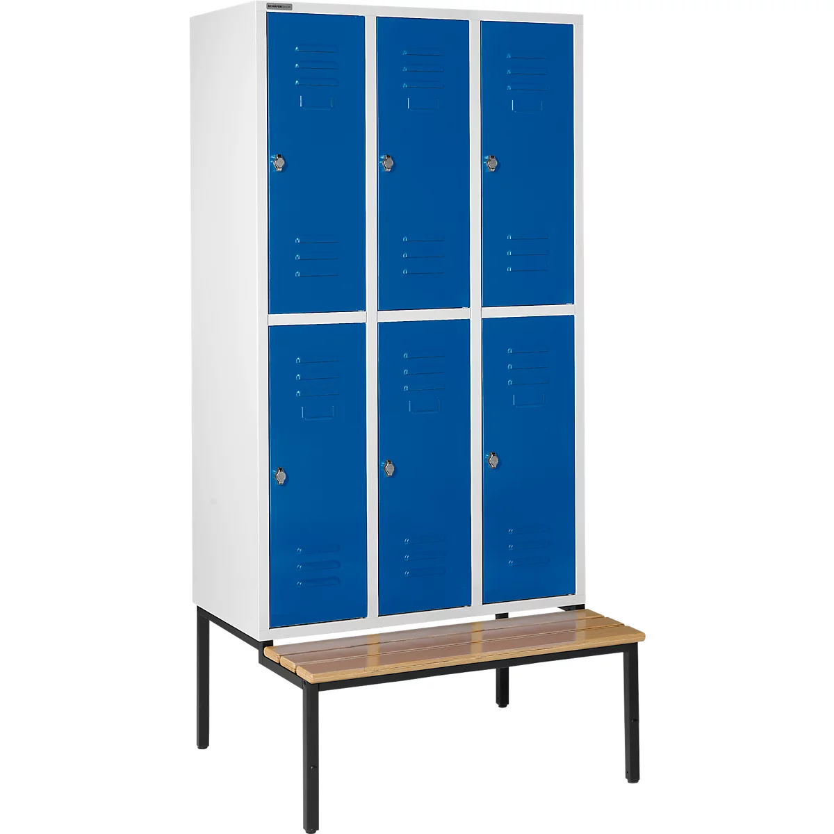 Schäfer Shop Select Vestiaire, avec banc, 3 x 2 compartiments, 400 mm, serrure à came batteuse, porte bleu gentiane