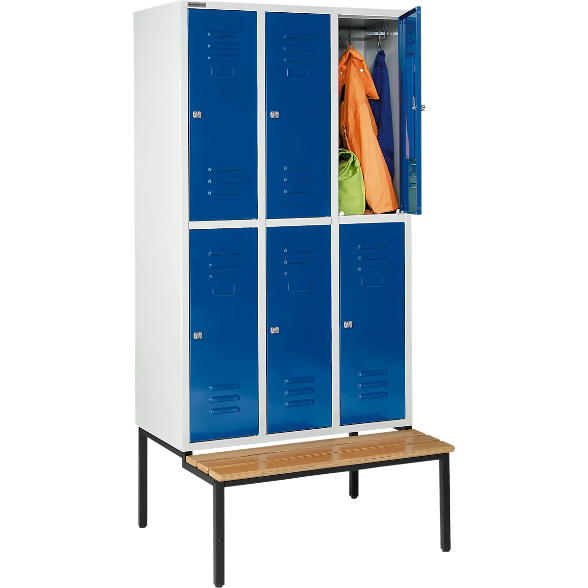 Schäfer Shop Select Vestiaire, avec banc, 3 x 2 compartiments, 400 mm, serrure à cylindre, porte bleu gentiane