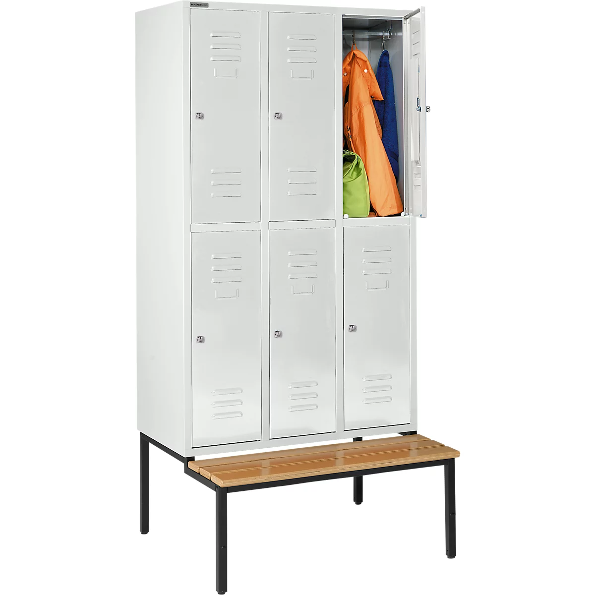 Schäfer Shop Select Vestiaire, avec banc, 3 x 2 compartiments, 400 mm, serrure à cylindre, porte gris clair