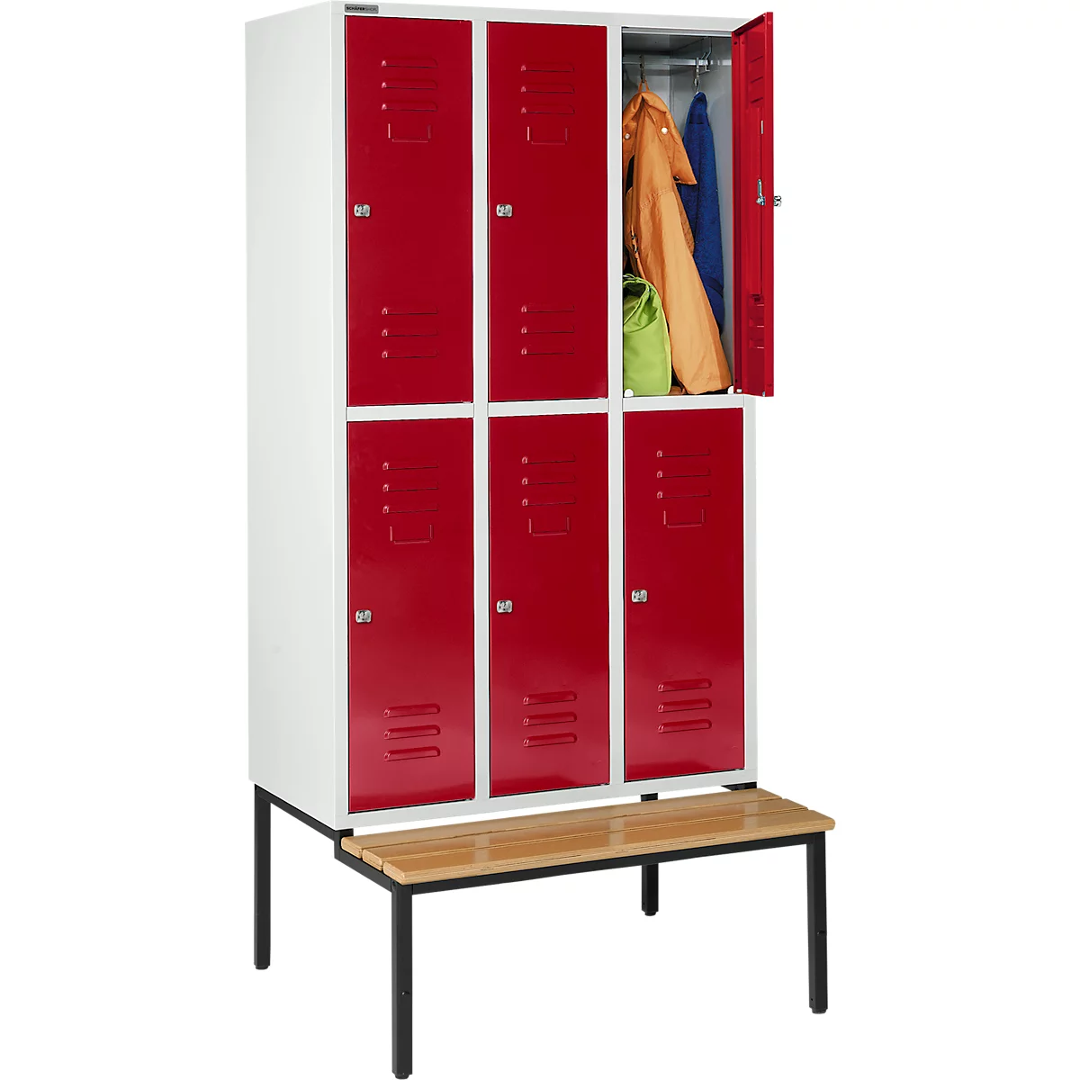 Schäfer Shop Select Vestiaire, avec banc, 3 x 2 compartiments, 400 mm, serrure à cylindre, porte rouge rubis