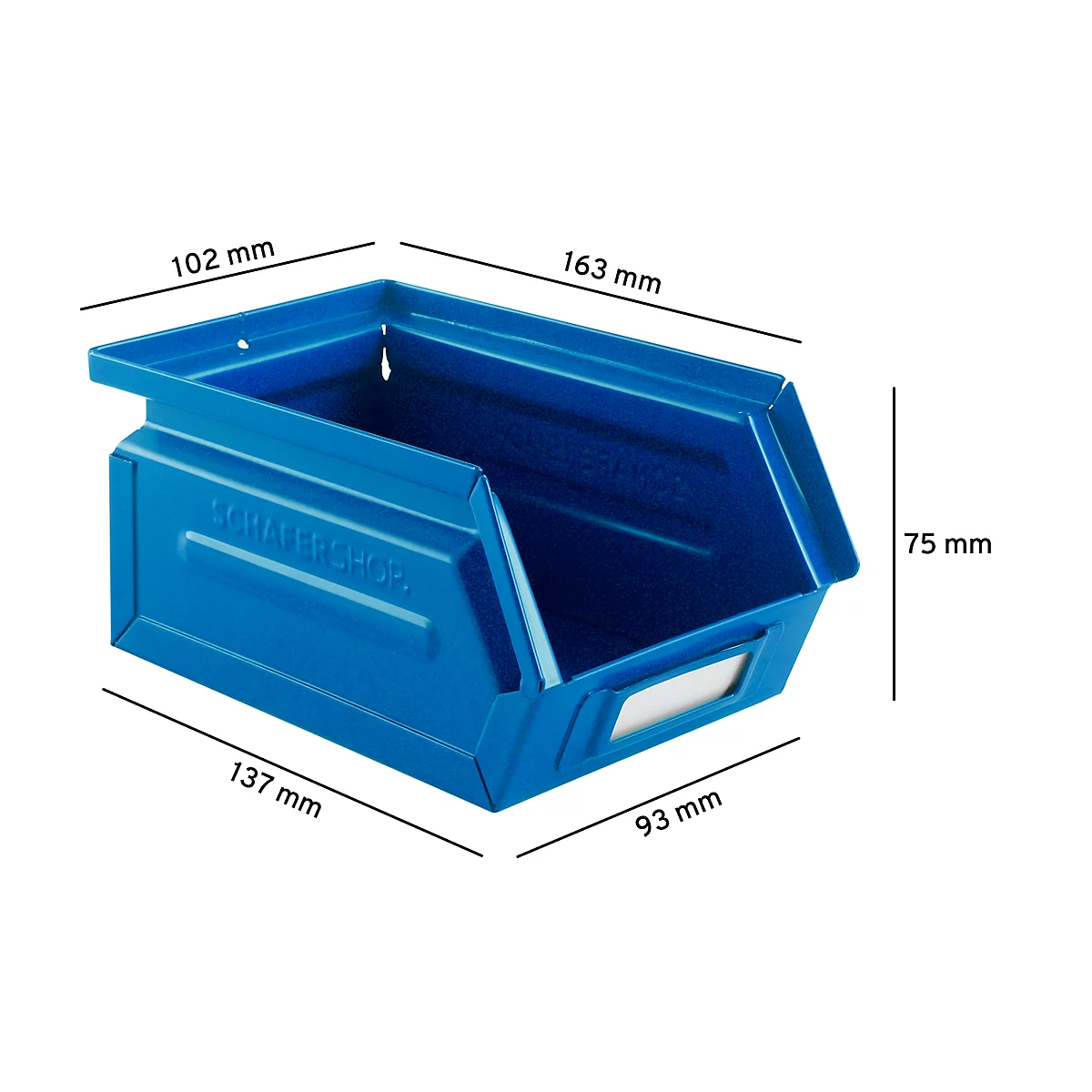 Schäfer Shop Select voorraadbak met open voorzijde, 0,9 l, 2,5 kg, L 163 x B 102 x H 75 mm, staal, RAL 5015 (hemelsblauw)