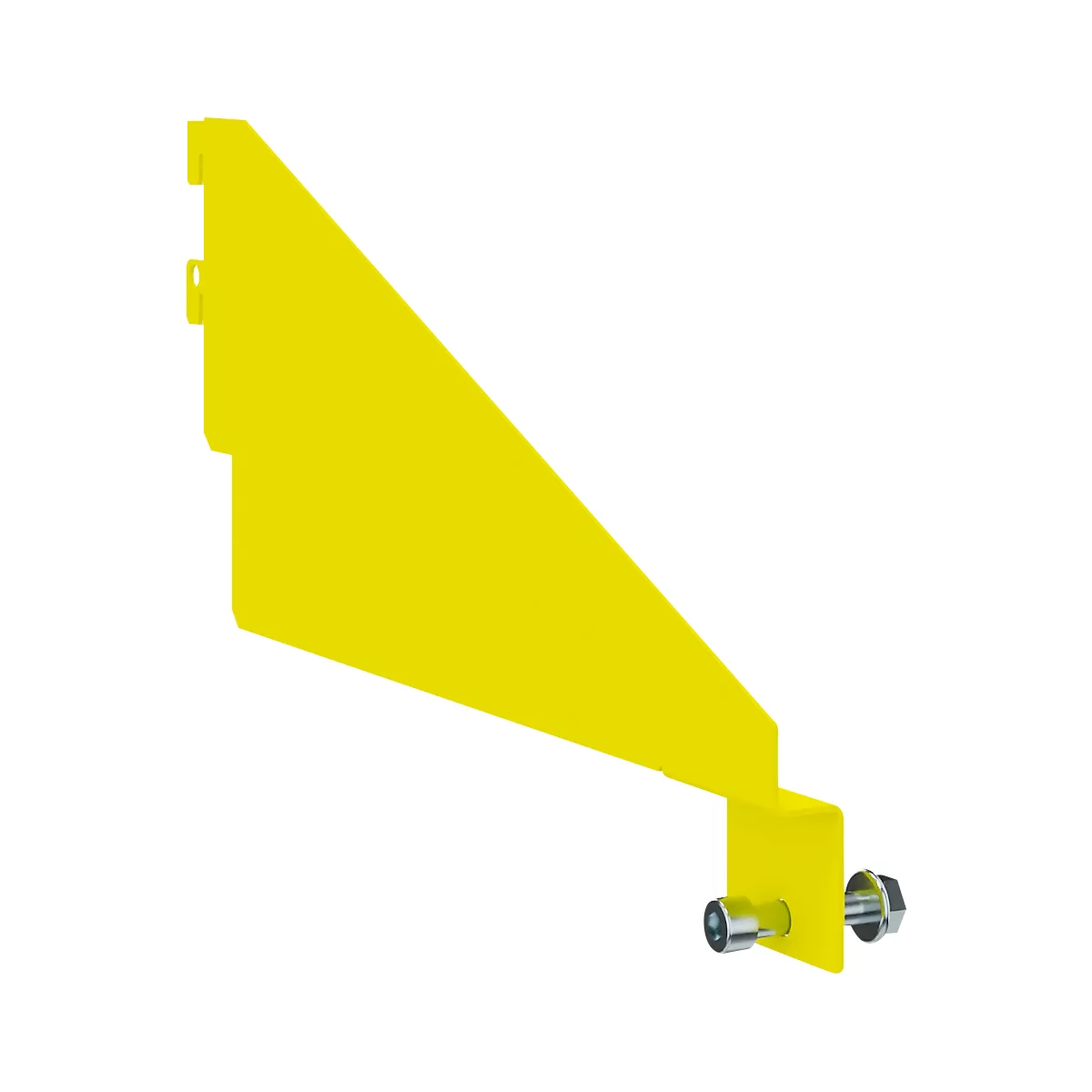 Geel, gehoekt metalen onderdeel met bouten. Eén kant is hoekig, de andere afgerond.