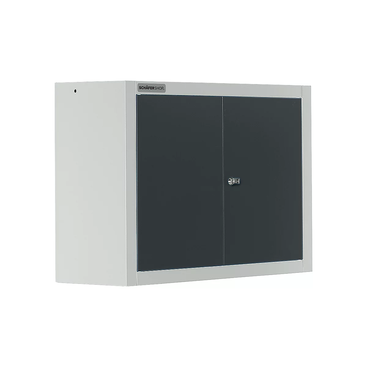 Wall cabinet with grey doors, silver handle and manufacturer's logo.