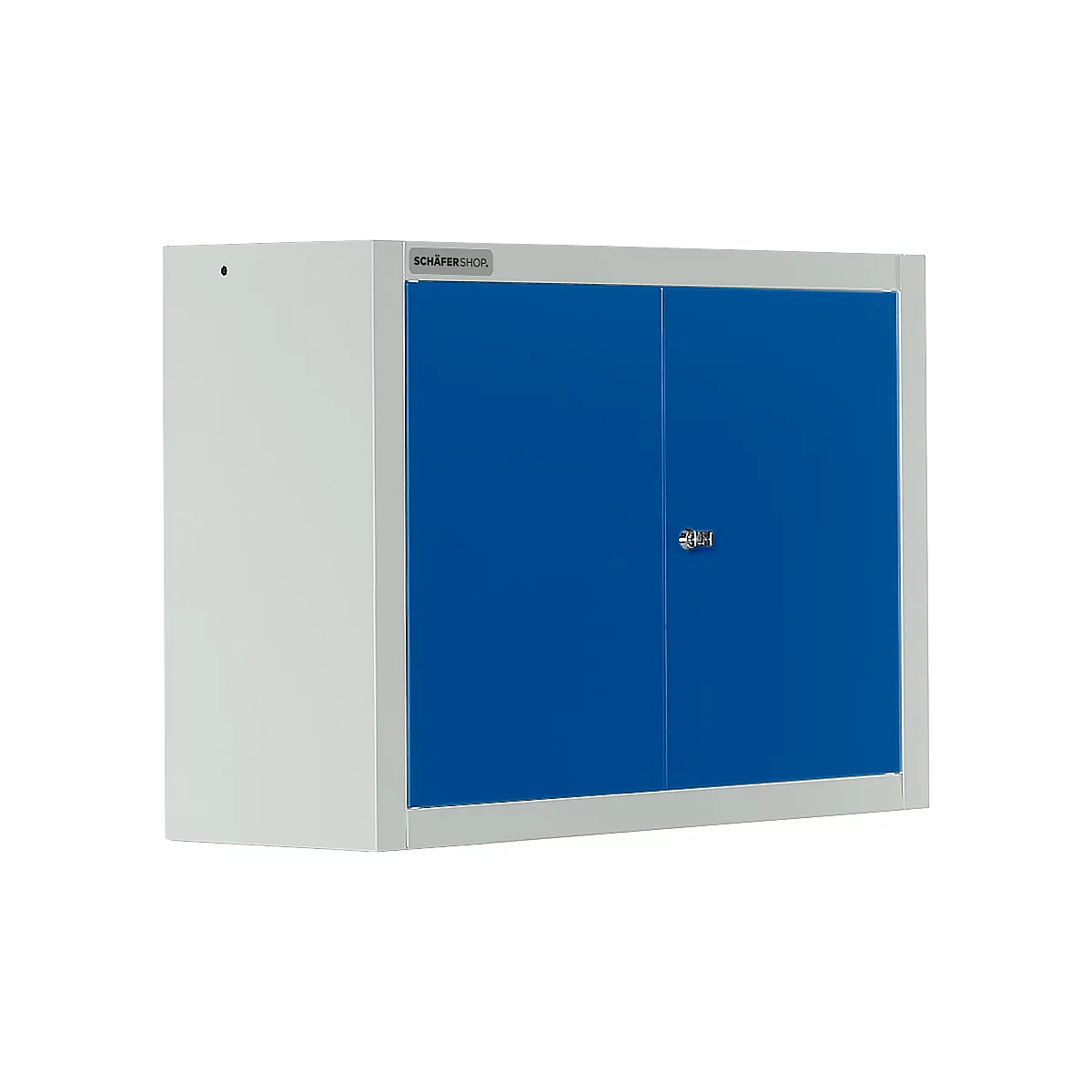 Wall cabinet, white housing, blue doors. Front logo: SCHÄFER SHOP. Lock with small lock.
