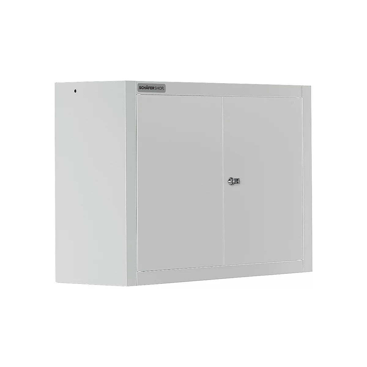 Grey wall cabinet with two doors, small lock and company logo.