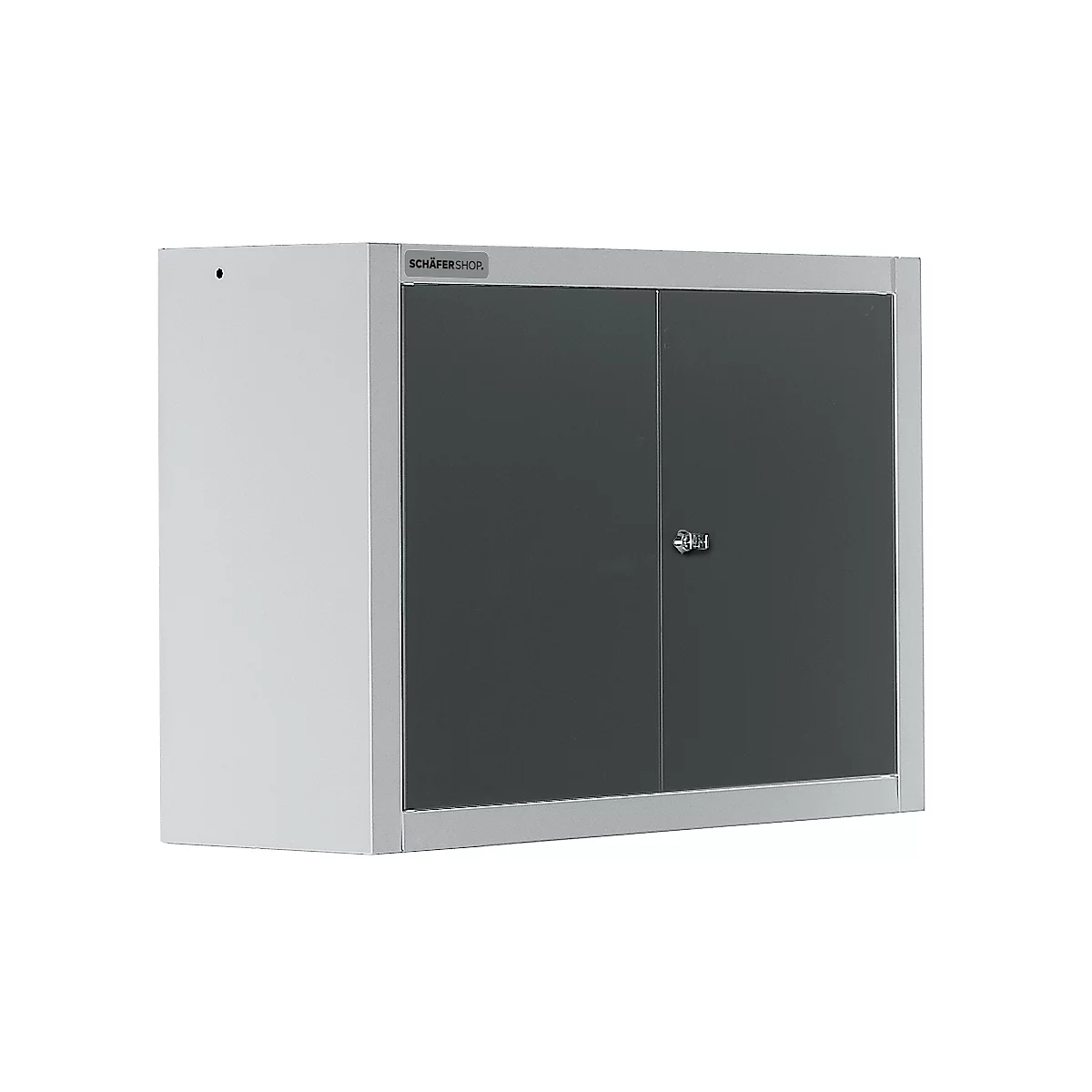 Wall cabinet, light gray with dark gray doors and lock. Logo: Schäfer Shop.