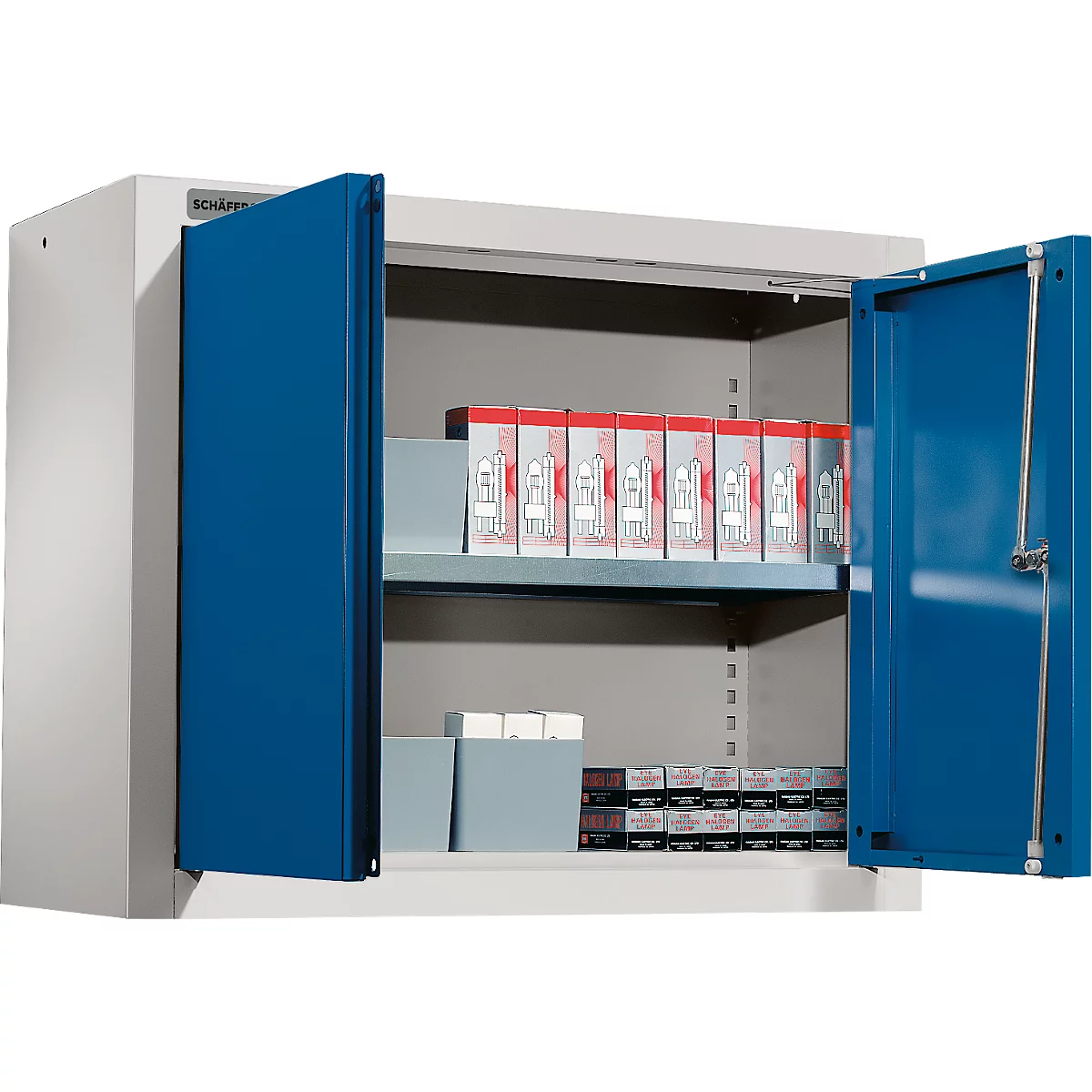 Open steel cabinet with blue doors. Inside the cabinet are shelves with boxes and boxes.