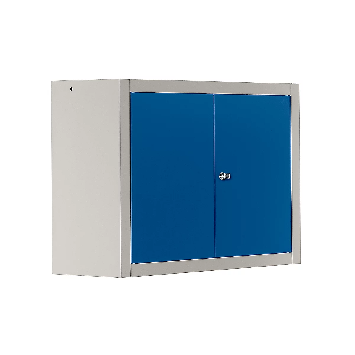 A white and blue wall cabinet with two doors and a silver lock.