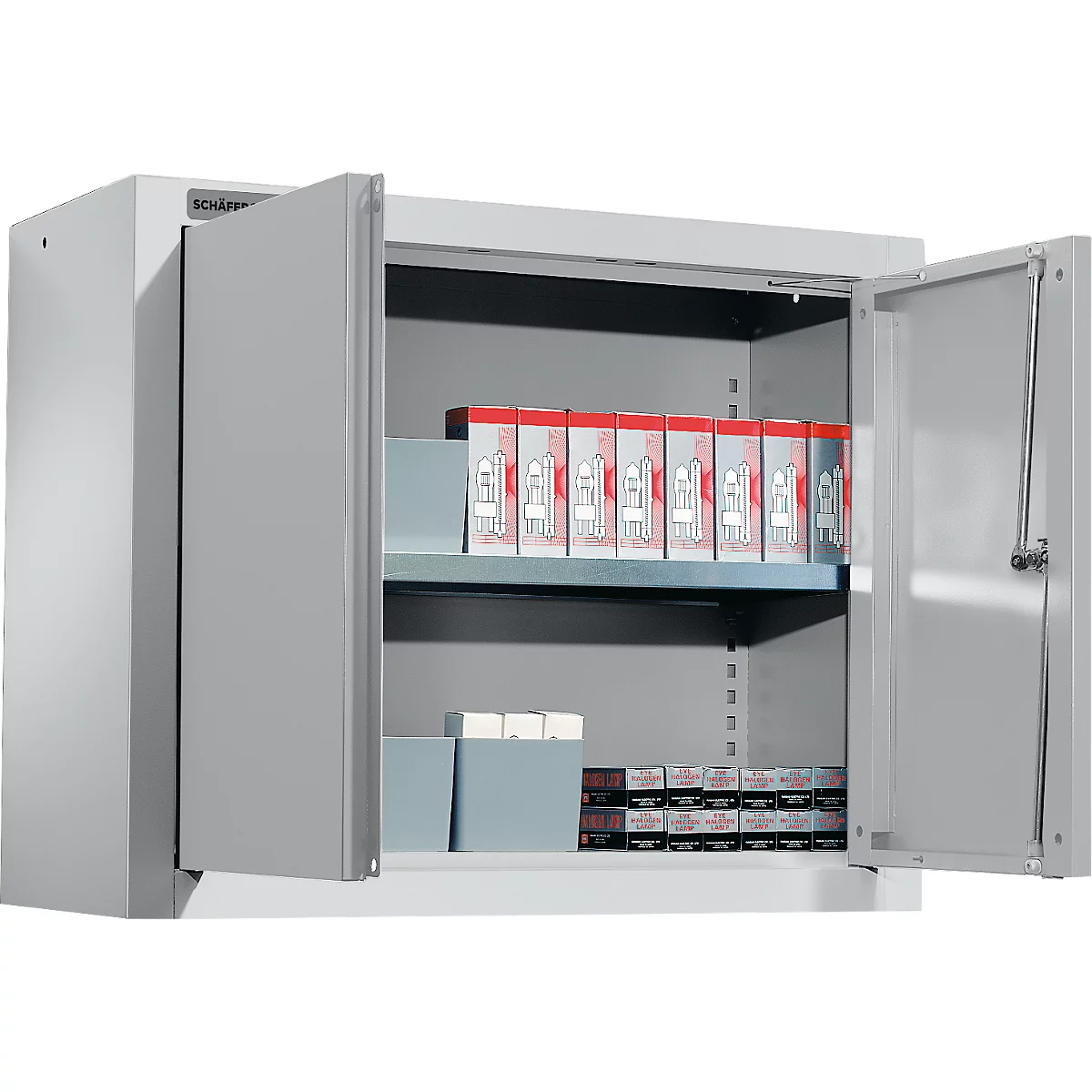 Grey cabinet with open doors filled with packages.