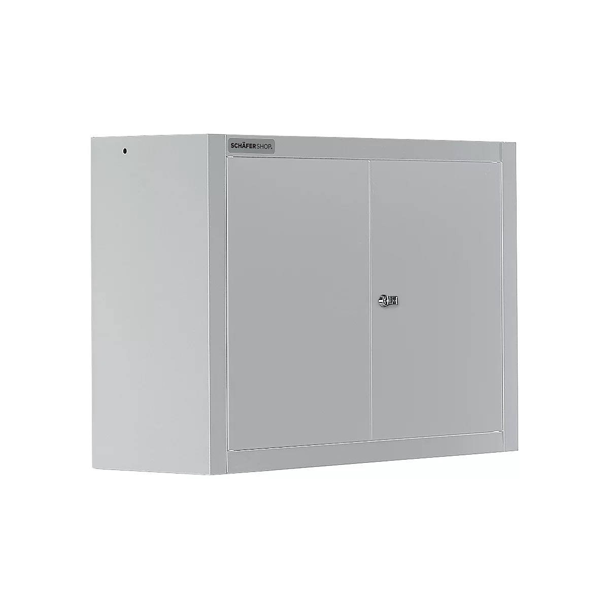 Grey wall cabinet with two doors and a lock. The inscription "SCHÄFER SHOP" is at the top.