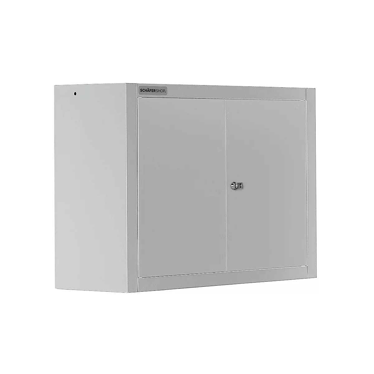 Grey wall cabinet with two doors, metal handle and logo. A small hole is visible at the top left.