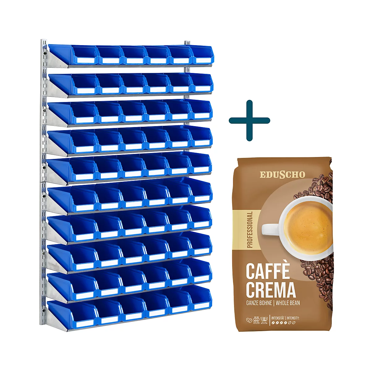 Blaue Behälterwand neben Kaffeepackung mit Aufdruck Caffè Crema, plus Symbol.