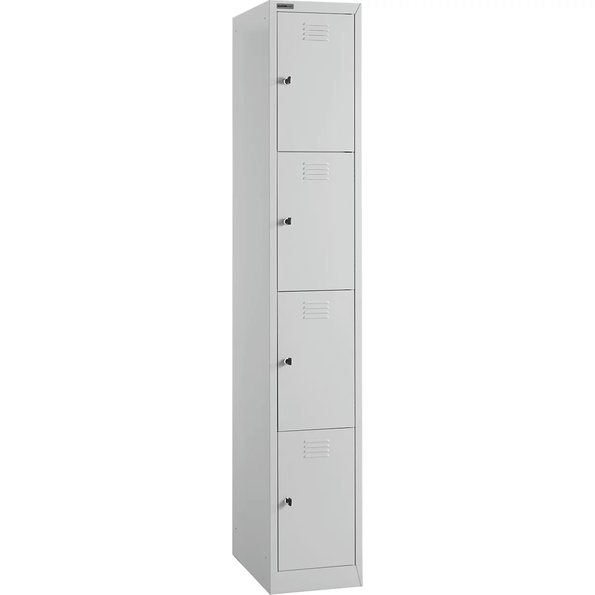 Grey metal cabinet with four doors. Each door has a small handle and ventilation slots.