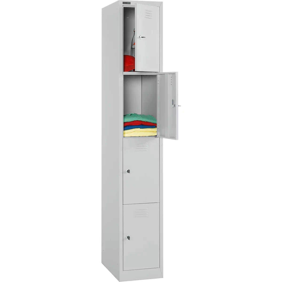 A tall gray steel locker with four compartments, two of which are open to reveal red and colored items.