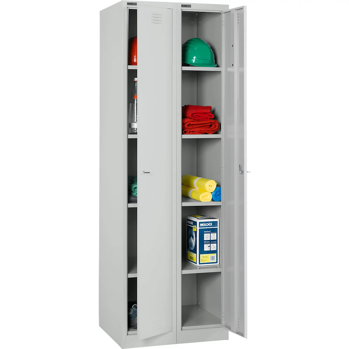 Gray metal cabinet with open doors, shelves, and contents such as helmet, towels and work materials.