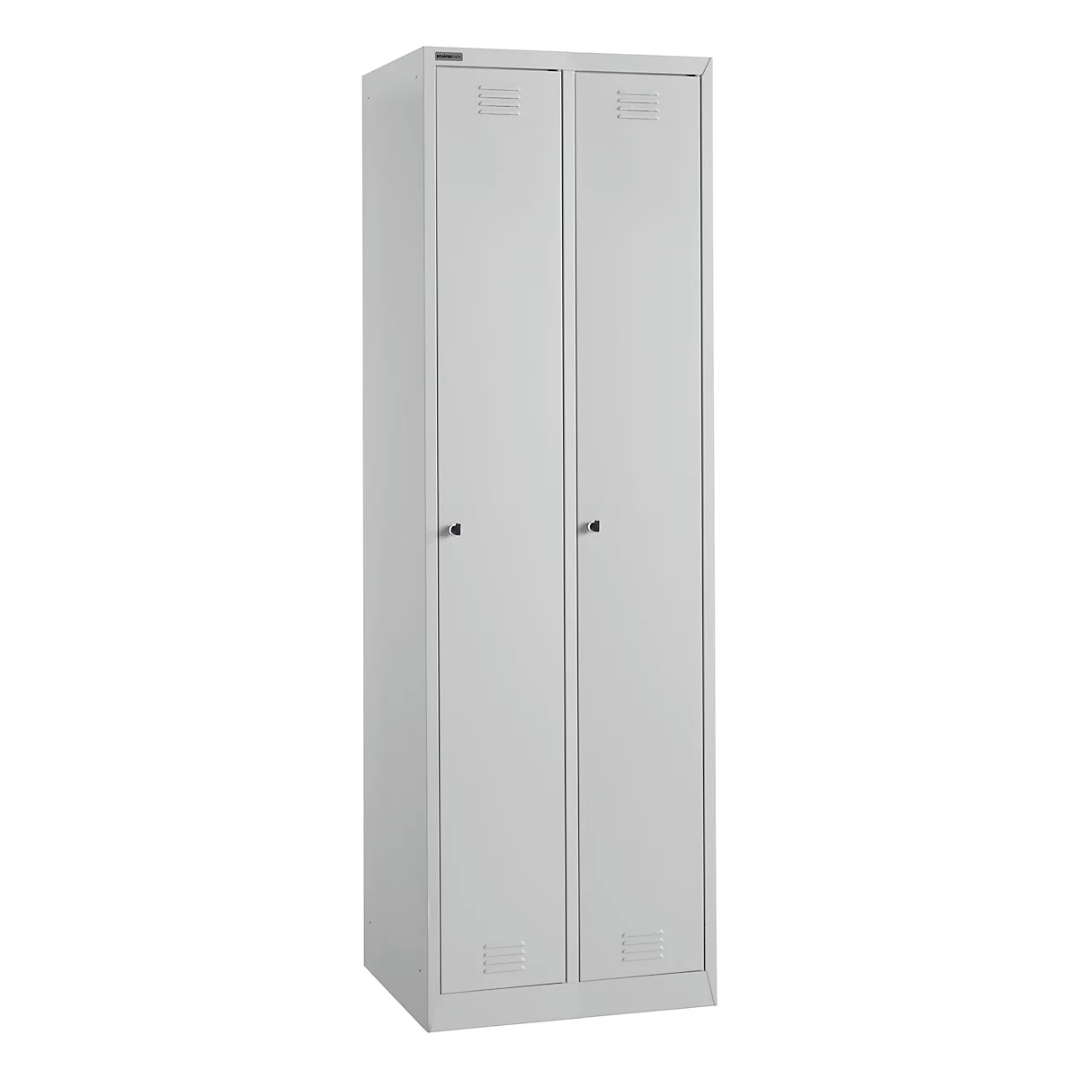 A gray metal cabinet with two doors. Ventilation slots can be seen at the top and bottom, as well as door handles.
