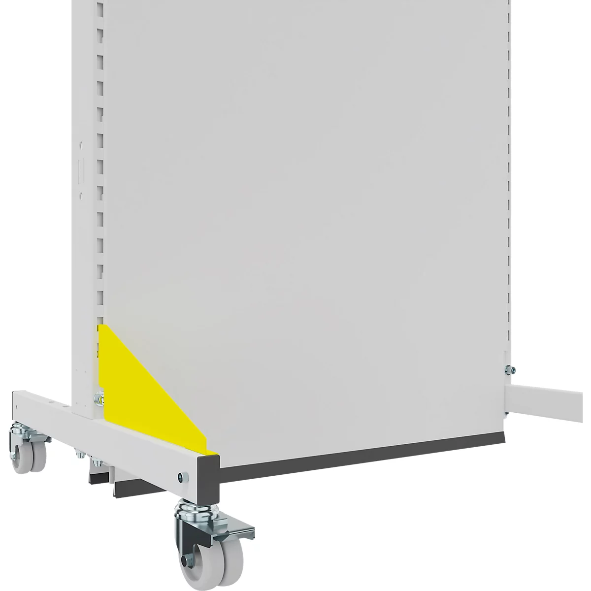 Große, weiße Tafel auf Rollen, gelber Akzent an der Seite. Graue Räder.