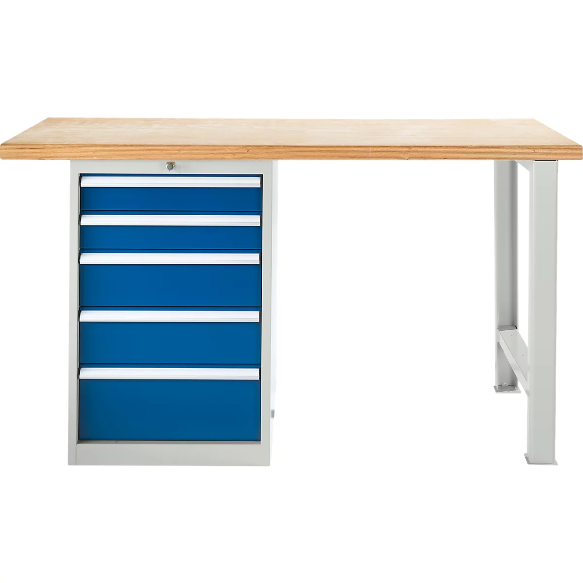 Werkbank mit blauen Schubladen und heller Holzplatte.
